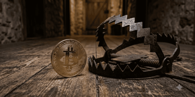 Moneda de bitcoin al lado de una trampa.