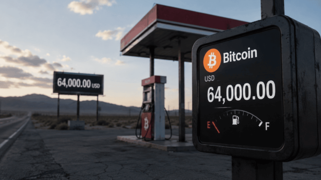 Estación de carga de combustible con el logo de bitcoin y el precio de 64.000 dólares.