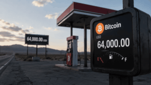 Estación de carga de combustible con el logo de bitcoin y el precio de 64.000 dólares.