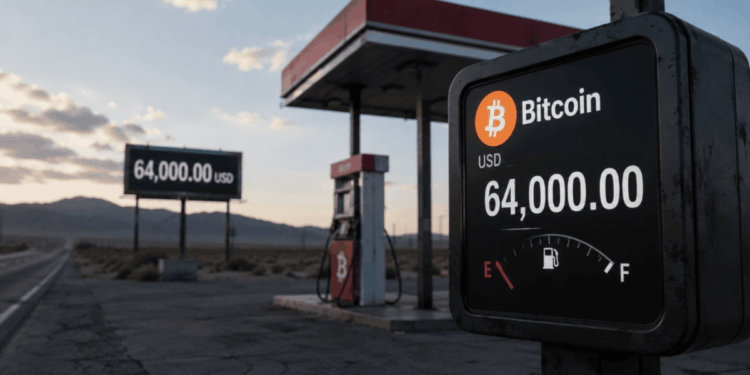 Estación de carga de combustible con el logo de bitcoin y el precio de 64.000 dólares.