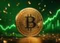 moneda de BTC y gráficos en verde.