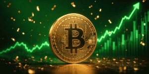 moneda de BTC y gráficos en verde.