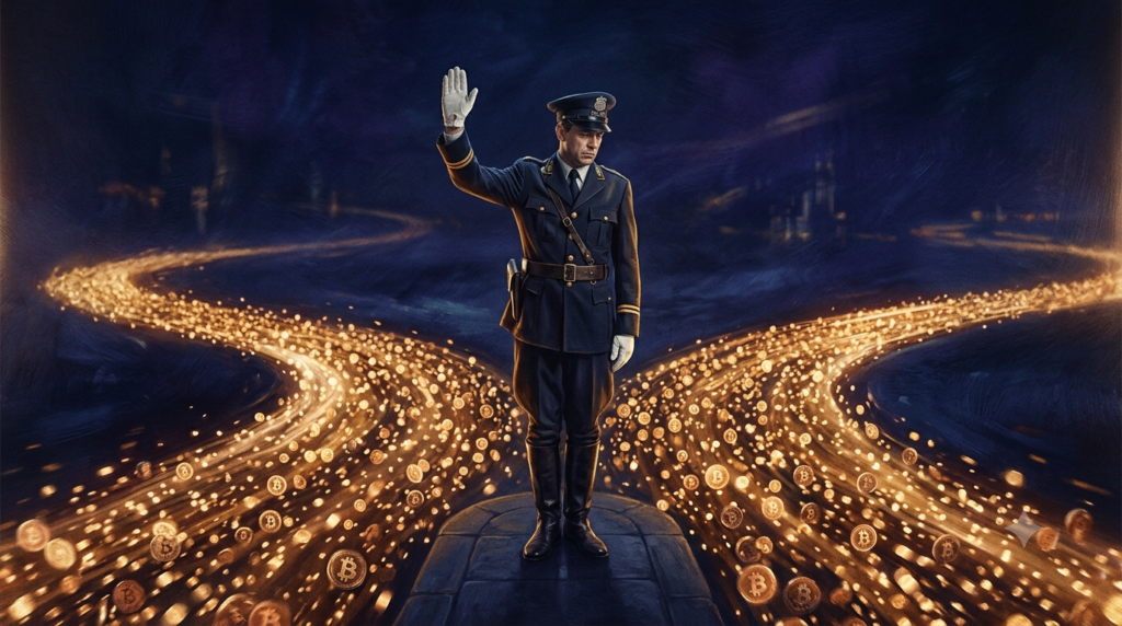 Wide cinematic shot, 16:9. A lone traffic-police figure in an old-fashioned uniform stands in the middle of a vast flowing river of golden light, arm raised in a "halt" gesture. The luminous current of countless small particles streams past him on both sides, completely indifferent, never touching him. He is solid but powerless; the flow is unstoppable. Dark background, deep blues and blacks, the river glowing amber-gold like Bitcoin. Solemn, slightly melancholic mood. Photorealistic with a painterly quality. No text.