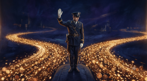 Wide cinematic shot, 16:9. A lone traffic-police figure in an old-fashioned uniform stands in the middle of a vast flowing river of golden light, arm raised in a "halt" gesture. The luminous current of countless small particles streams past him on both sides, completely indifferent, never touching him. He is solid but powerless; the flow is unstoppable. Dark background, deep blues and blacks, the river glowing amber-gold like Bitcoin. Solemn, slightly melancholic mood. Photorealistic with a painterly quality. No text.