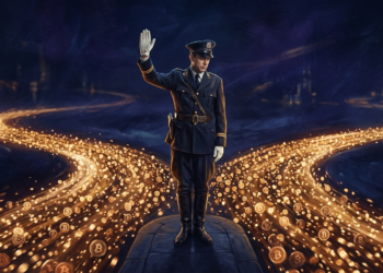 Wide cinematic shot, 16:9. A lone traffic-police figure in an old-fashioned uniform stands in the middle of a vast flowing river of golden light, arm raised in a "halt" gesture. The luminous current of countless small particles streams past him on both sides, completely indifferent, never touching him. He is solid but powerless; the flow is unstoppable. Dark background, deep blues and blacks, the river glowing amber-gold like Bitcoin. Solemn, slightly melancholic mood. Photorealistic with a painterly quality. No text.