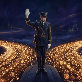 Wide cinematic shot, 16:9. A lone traffic-police figure in an old-fashioned uniform stands in the middle of a vast flowing river of golden light, arm raised in a "halt" gesture. The luminous current of countless small particles streams past him on both sides, completely indifferent, never touching him. He is solid but powerless; the flow is unstoppable. Dark background, deep blues and blacks, the river glowing amber-gold like Bitcoin. Solemn, slightly melancholic mood. Photorealistic with a painterly quality. No text.