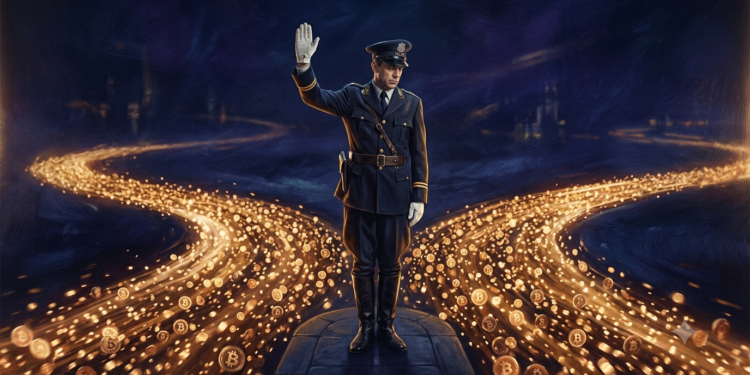 Wide cinematic shot, 16:9. A lone traffic-police figure in an old-fashioned uniform stands in the middle of a vast flowing river of golden light, arm raised in a "halt" gesture. The luminous current of countless small particles streams past him on both sides, completely indifferent, never touching him. He is solid but powerless; the flow is unstoppable. Dark background, deep blues and blacks, the river glowing amber-gold like Bitcoin. Solemn, slightly melancholic mood. Photorealistic with a painterly quality. No text.