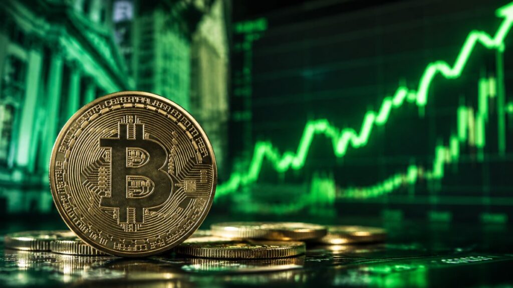 moneda de bitcoin con un fondo verde, gráfico de precios.