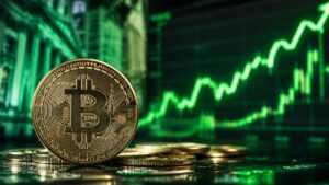 moneda de bitcoin con un fondo verde, gráfico de precios.