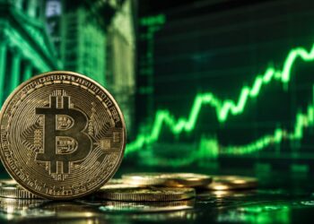 moneda de bitcoin con un fondo verde, gráfico de precios.