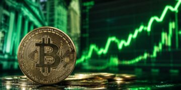 moneda de bitcoin con un fondo verde, gráfico de precios.