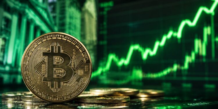 moneda de bitcoin con un fondo verde, gráfico de precios.