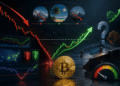 una moneda de bitcoin con una fleche verde y otra flecha roja simulando el precio
