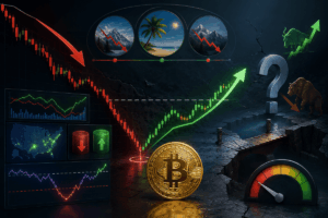 una moneda de bitcoin con una fleche verde y otra flecha roja simulando el precio