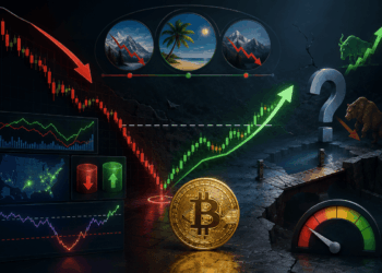 una moneda de bitcoin con una fleche verde y otra flecha roja simulando el precio