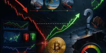 una moneda de bitcoin con una fleche verde y otra flecha roja simulando el precio
