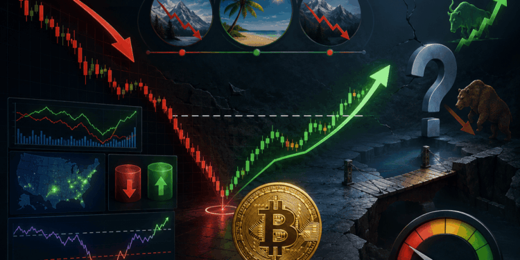 una moneda de bitcoin con una fleche verde y otra flecha roja simulando el precio