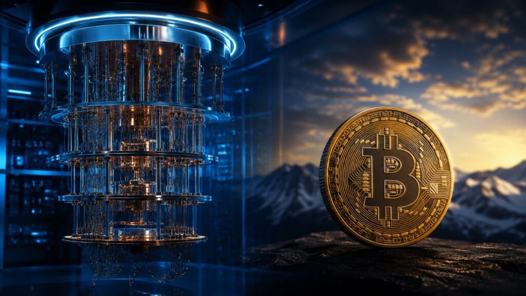 Procesador cuántico junto a una moneda de bitcoin al atardecer.