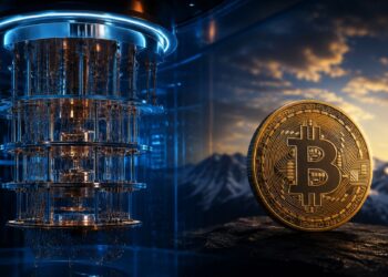 Procesador cuántico junto a una moneda de bitcoin al atardecer.