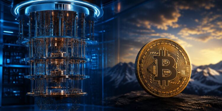 Procesador cuántico junto a una moneda de bitcoin al atardecer.