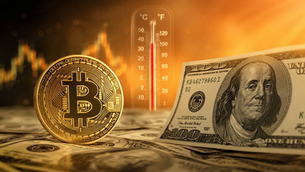 Bitcoin y dólares con termómetro de fondo y gráfica naranja