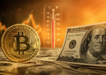 Bitcoin y dólares con termómetro de fondo y gráfica naranja