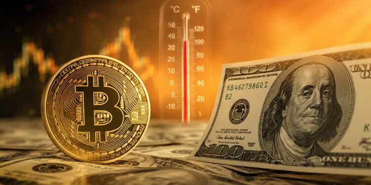 Bitcoin y dólares con termómetro de fondo y gráfica naranja