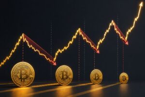 Cuatro monedas físicas de bitcoin debajo de gráficos de precio.