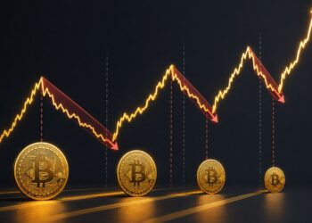 Cuatro monedas físicas de bitcoin debajo de gráficos de precio.