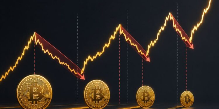 Cuatro monedas físicas de bitcoin debajo de gráficos de precio.