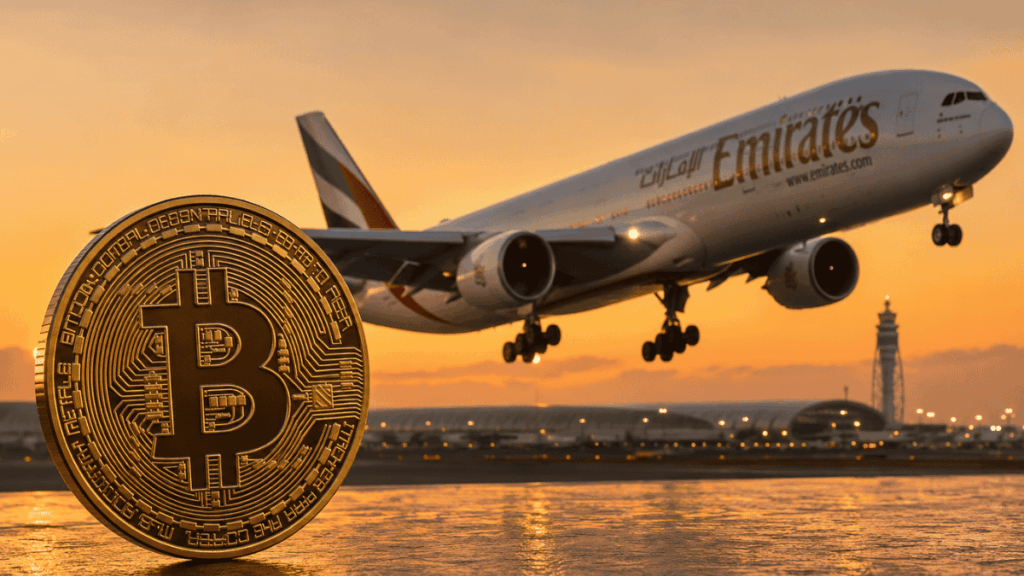 Moneda de bitcoin y avión de Emirates despegando.