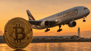 Moneda de bitcoin y avión de Emirates despegando.