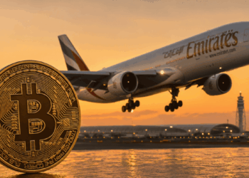 Moneda de bitcoin y avión de Emirates despegando.