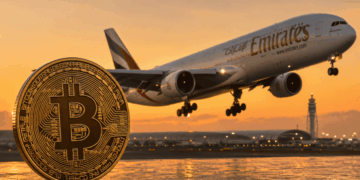 Moneda de bitcoin y avión de Emirates despegando.