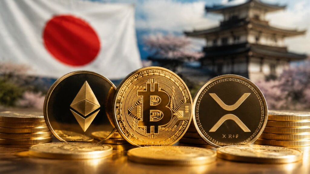 Monedas de bitcoin, Ethereum y XRP frente a la bandera de Japón y un templo.