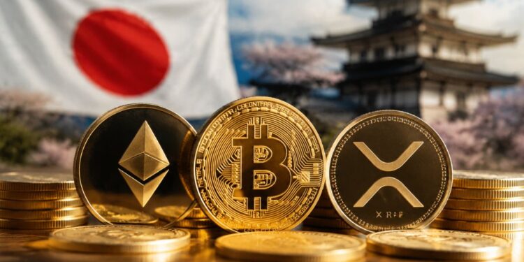 Monedas de bitcoin, Ethereum y XRP frente a la bandera de Japón y un templo.