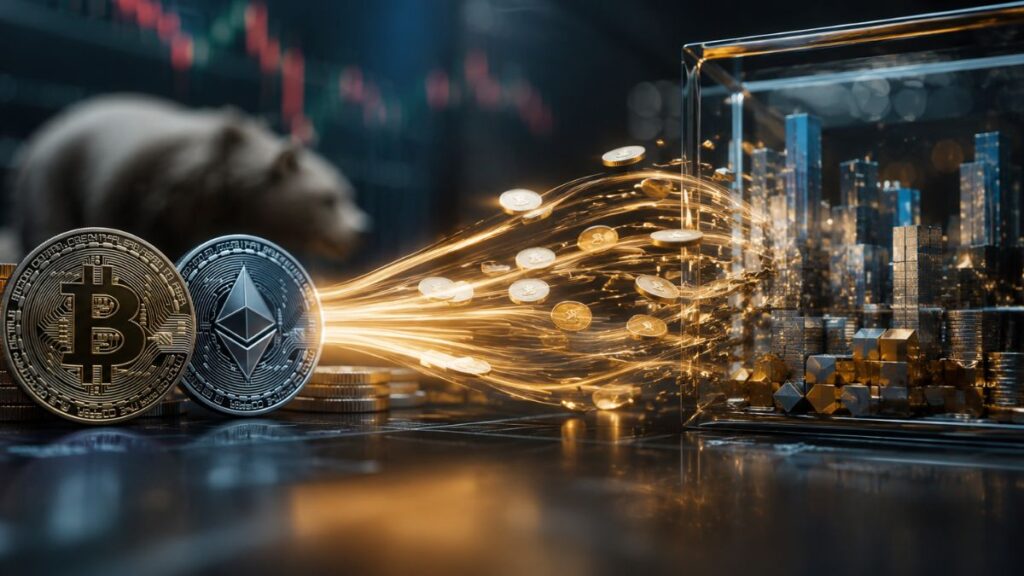 Monedas de bitcoin y Ethereum liberando un flujo de capital brillante hacia una maqueta de ciudad financiera encerrada en un cubo de cristal.