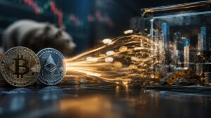 Monedas de bitcoin y Ethereum liberando un flujo de capital brillante hacia una maqueta de ciudad financiera encerrada en un cubo de cristal.