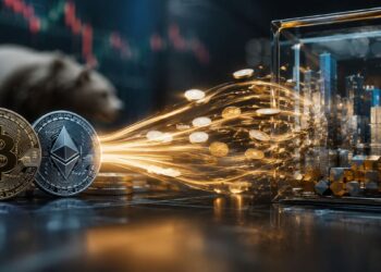Monedas de bitcoin y Ethereum liberando un flujo de capital brillante hacia una maqueta de ciudad financiera encerrada en un cubo de cristal.