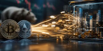 Monedas de bitcoin y Ethereum liberando un flujo de capital brillante hacia una maqueta de ciudad financiera encerrada en un cubo de cristal.