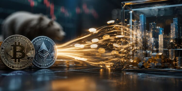 Monedas de bitcoin y Ethereum liberando un flujo de capital brillante hacia una maqueta de ciudad financiera encerrada en un cubo de cristal.