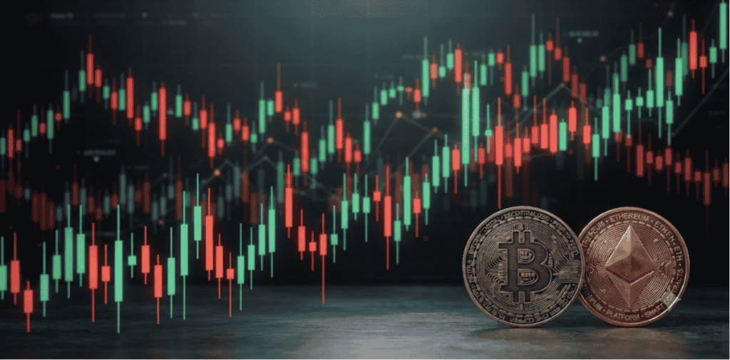 Velas de gráficos en verde y rojo, con monedas de BTC y ETH.