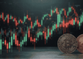 Velas de gráficos en verde y rojo, con monedas de BTC y ETH.