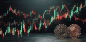 Velas de gráficos en verde y rojo, con monedas de BTC y ETH.
