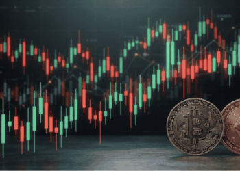 Velas de gráficos en verde y rojo, con monedas de BTC y ETH.