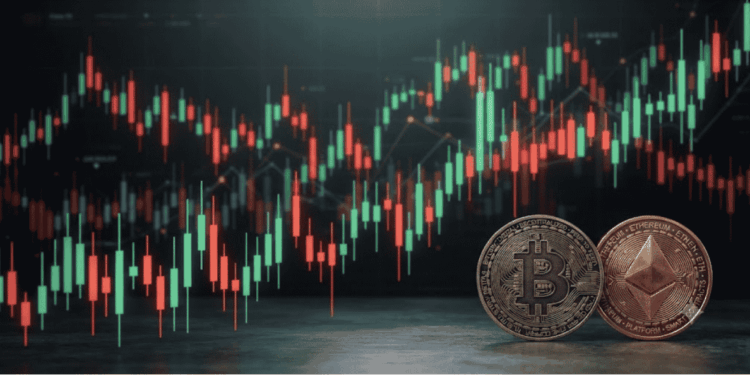 Velas de gráficos en verde y rojo, con monedas de BTC y ETH.