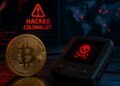 Una moneda física de bitcoin junto a una wallet de Coldwallet