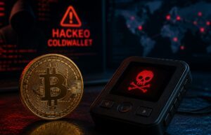 Una moneda física de bitcoin junto a una wallet de Coldwallet