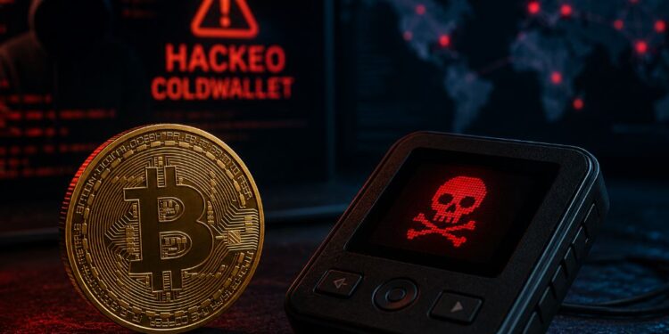 Una moneda física de bitcoin junto a una wallet de Coldwallet