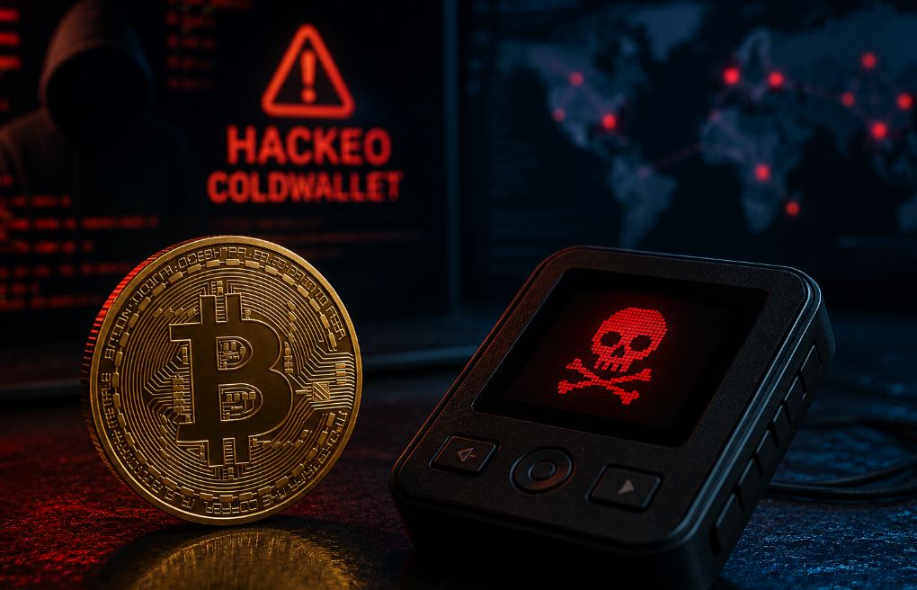 Una moneda física de bitcoin junto a una wallet de Coldwallet
